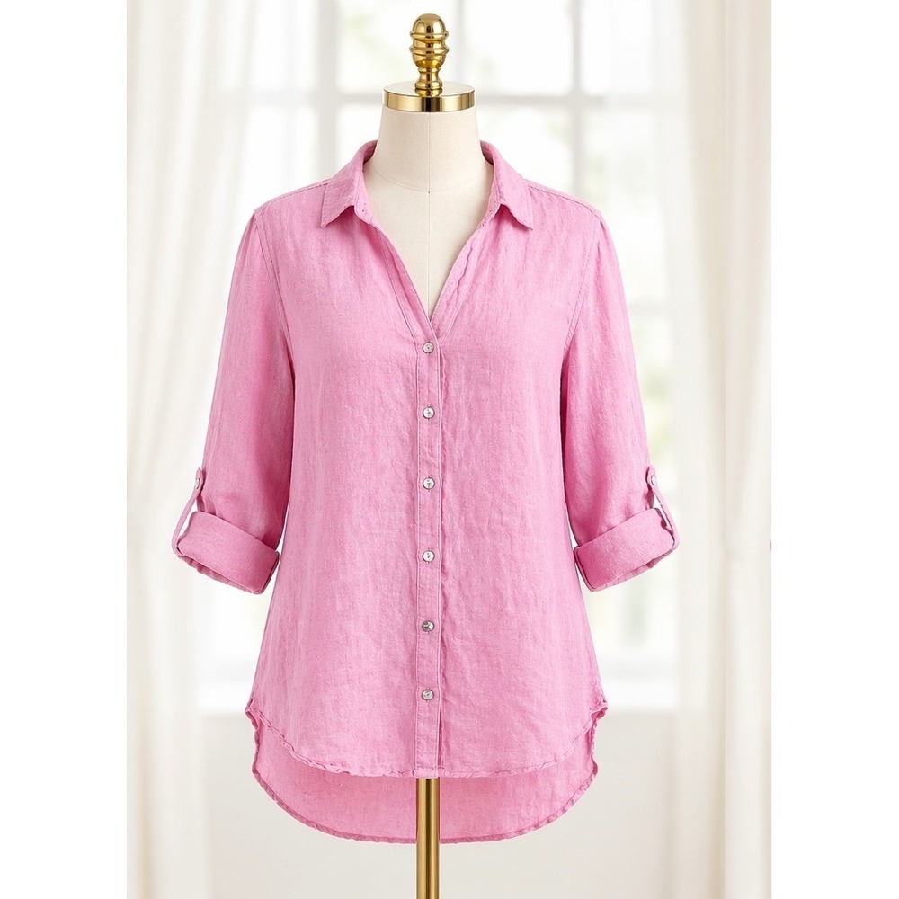 Sigrid Olsen 100% Linen Button Down Top Shirt Pink Roll Tab High Low Size 1X